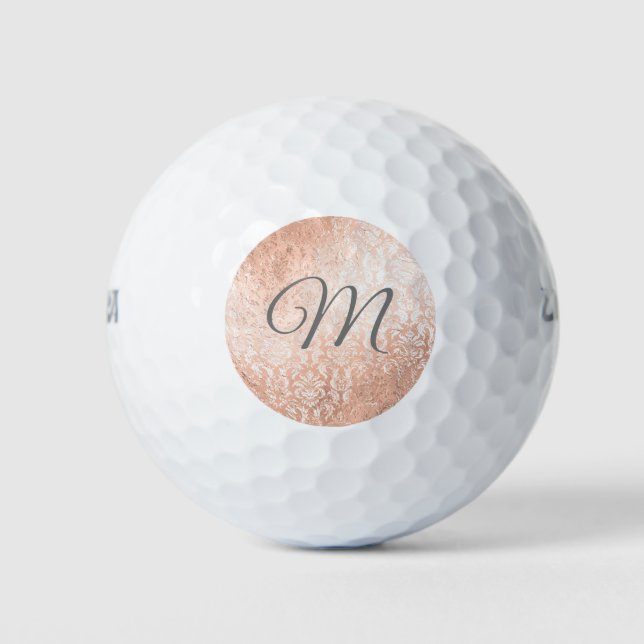Personalized Monogram Rose Gold Damask Golf Balls (Front)
