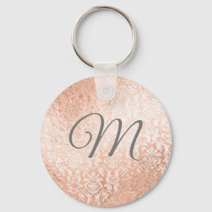 Personalized Monogram Rose Gold Damask Keychain