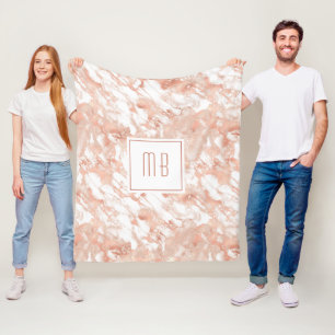 Personalized Monogram Rose Gold White Marble Fleece Blanket
