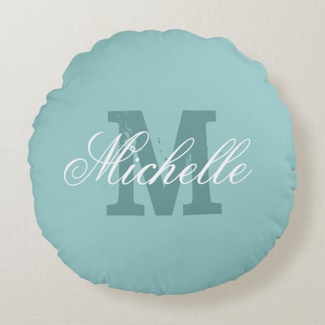 Personalized monogram round teal blue zippered pillow (Front)