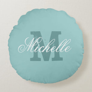 Personalized monogram round teal blue zippered round pillow