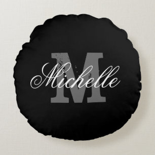Personalized monogram round throw pillow   Black