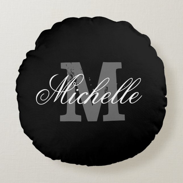 Personalized monogram round throw pillow | Black (Front)