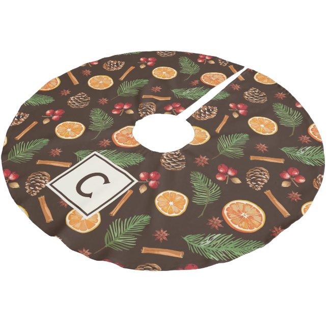 Personalized Monogram Rustic Botanical Christmas Brushed Polyester Tree Skirt (Angled)