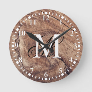 Personalized Monogram Rustic Wood Grain Design Round Clock