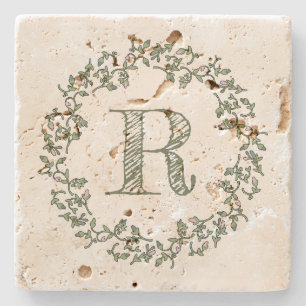 Personalized Monogram Sage Green Floral Stone Coaster