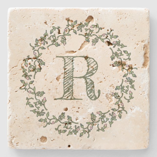 Personalized Monogram Sage Green Floral Stone Coaster (Front)