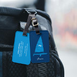 Personalized Monogram Sailboat Racing Blue Luggage Tag<br><div class="desc">This simple and stylish sailboat design is personalized with your name and monogram initials on the front, and your contact details on the back. A graphic style sailing boat illustration, including your monogram initials on the sail and your name in a handwritten script font. Luggage tag colours: dark navy, blue...</div>