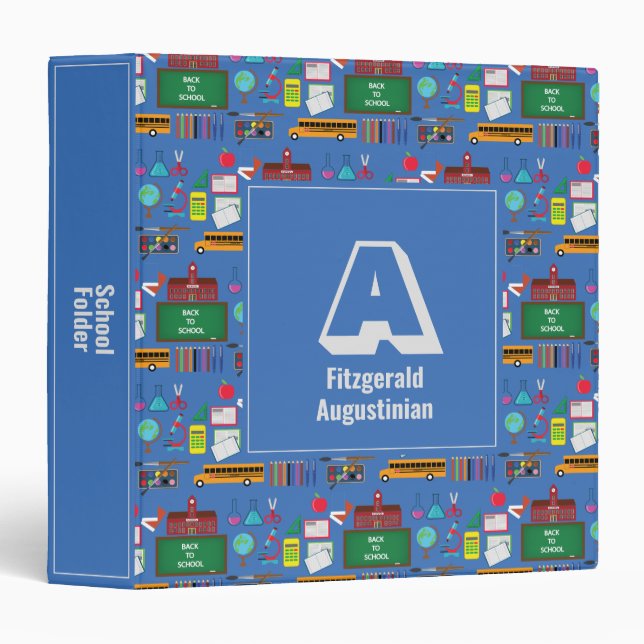 Personalized Monogram SCHOOL SUBJECTS Blue Binder (Front/Spine)