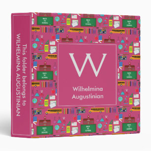 Personalized Monogram SCHOOL SUBJECTS Pink Binder