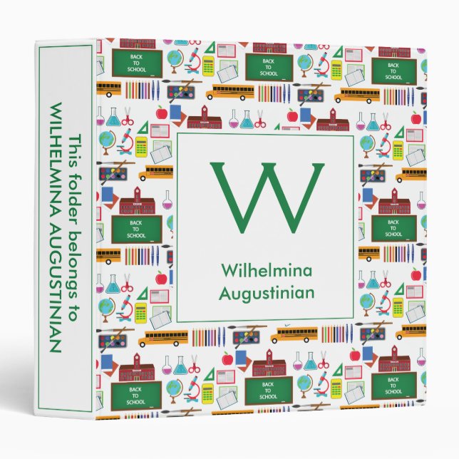 Personalized Monogram SCHOOL SUBJECTS White Green Binder (Front/Spine)