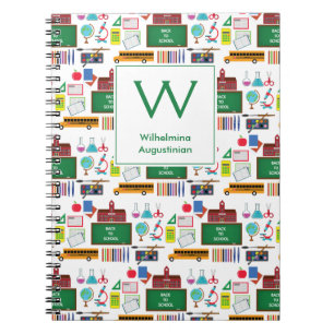 Personalized Monogram SCHOOL SUBJECTS White Green Notebook