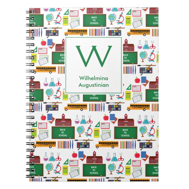 Personalized Monogram SCHOOL SUBJECTS White Green Notebook (Front)
