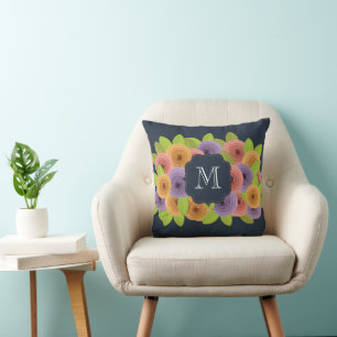 Personalized Monogram Script Modern Floral Throw Pillow
