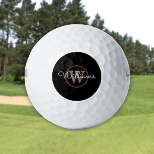 Personalized Monogram Script Name Black And Gold Golf Balls