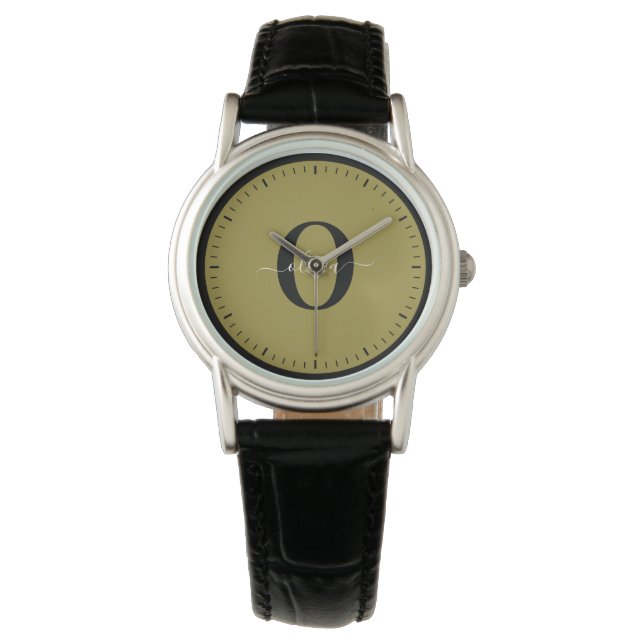 Personalized Monogram Script Name Black Gold White Watch (Front)