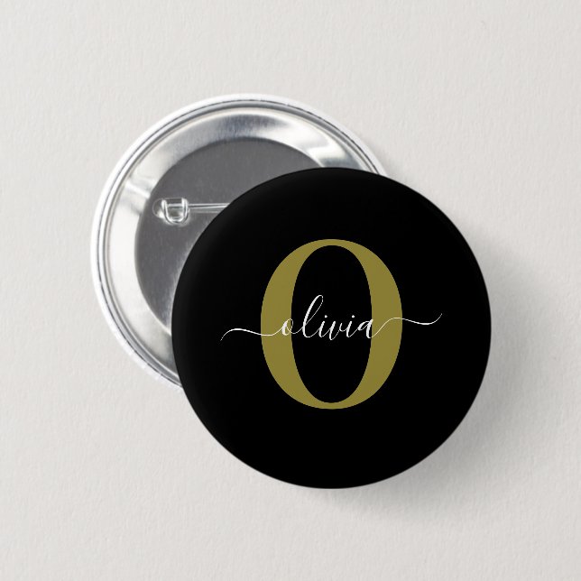 Personalized Monogram Script Name Black White Gold 2 Inch Round Button (Front & Back)