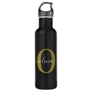 Personalized Monogram Script Name Black White Gold 710 Ml Water Bottle