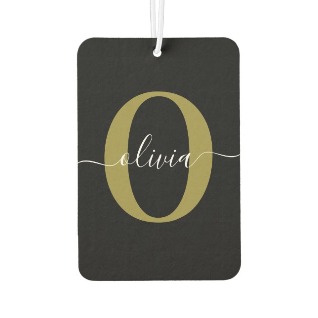 Personalized Monogram Script Name Black White Gold Air Freshener (Back)