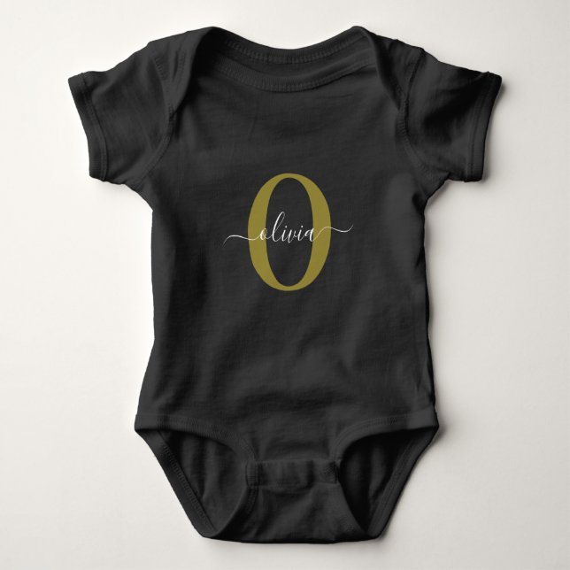Personalized Monogram Script Name Black White Gold Baby Bodysuit (Front)