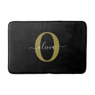 Personalized Monogram Script Name Black White Gold Bath Mat