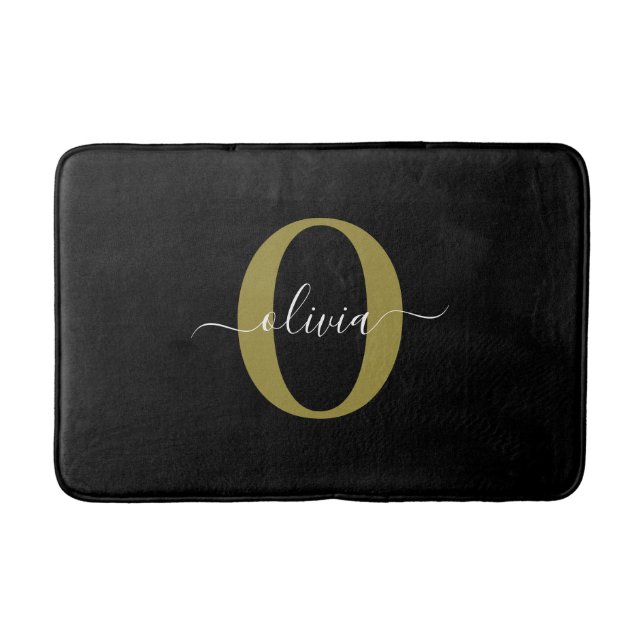 Personalized Monogram Script Name Black White Gold Bath Mat (Front)