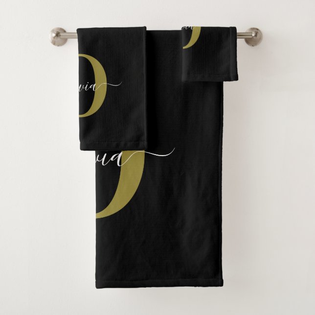 Personalized Monogram Script Name Black White Gold Bath Towel Set (Insitu)