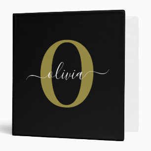 Personalized Monogram Script Name Black White Gold Binder