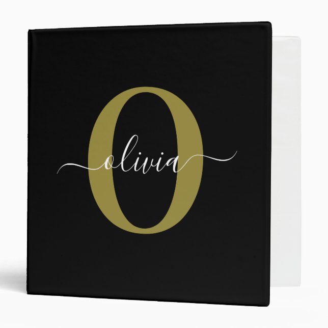 Personalized Monogram Script Name Black White Gold Binder (Front/Inside)