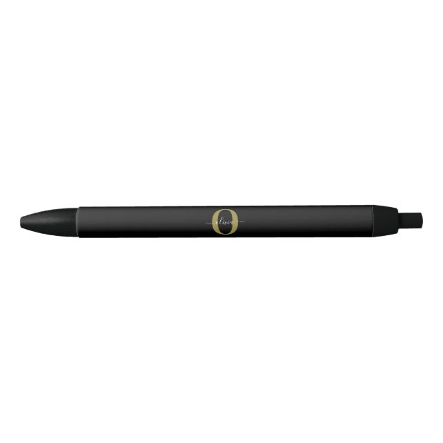 Personalized Monogram Script Name Black White Gold Black Ink Pen (Front)