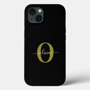 Personalized Monogram Script Name Black White Gold iPhone 13 Case