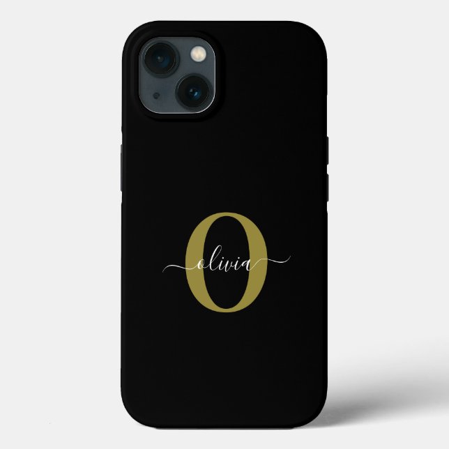 Personalized Monogram Script Name Black White Gold Case-Mate iPhone Case (Back)
