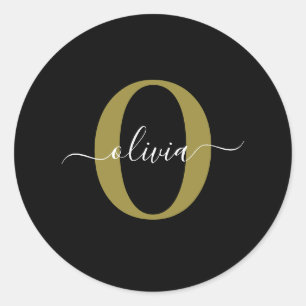 Personalized Monogram Script Name Black White Gold Classic Round Sticker