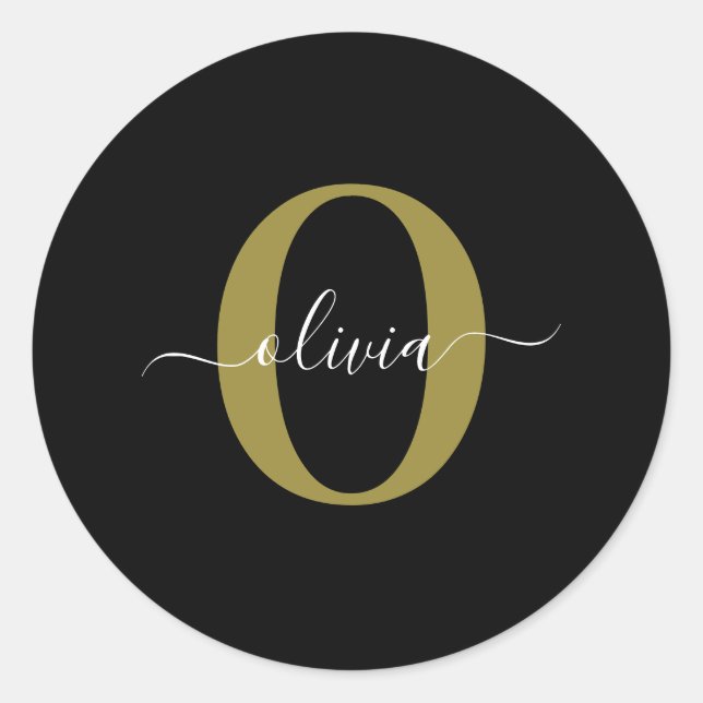 Personalized Monogram Script Name Black White Gold Classic Round Sticker (Front)