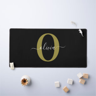 Personalized Monogram Script Name Black White Gold Desk Mat