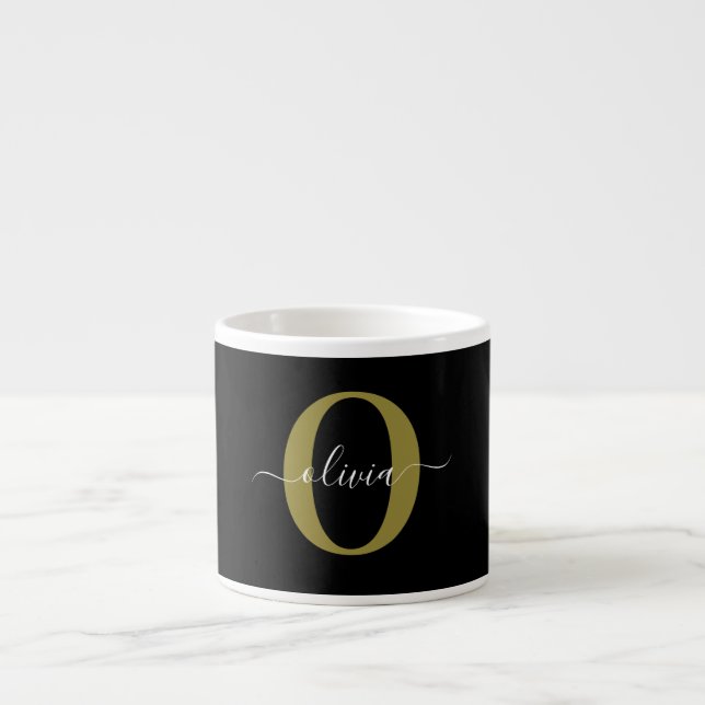 Personalized Monogram Script Name Black White Gold Espresso Cup (Front)