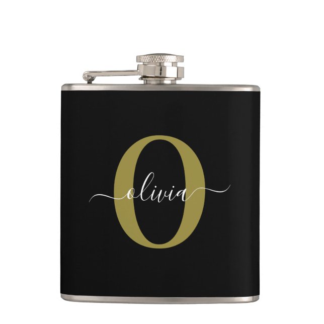Personalized Monogram Script Name Black White Gold Hip Flask (Front)