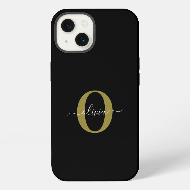 Personalized Monogram Script Name Black White Gold iPhone Case (Back)