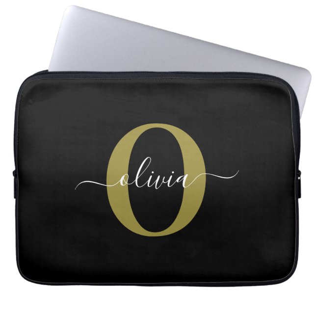 Personalized Monogram Script Name Black White Gold Laptop Sleeve (Front)