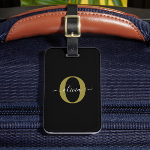 Personalized Monogram Script Name Black White Gold Luggage Tag