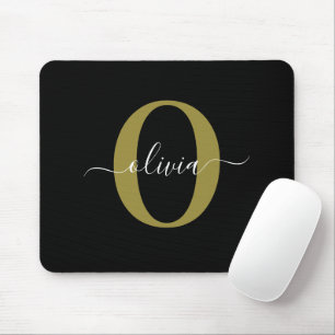 Personalized Monogram Script Name Black White Gold Mouse Pad