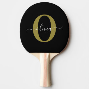 Personalized Monogram Script Name Black White Gold Ping Pong Paddle
