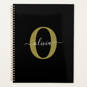 Personalized Monogram Script Name Black White Gold Planner