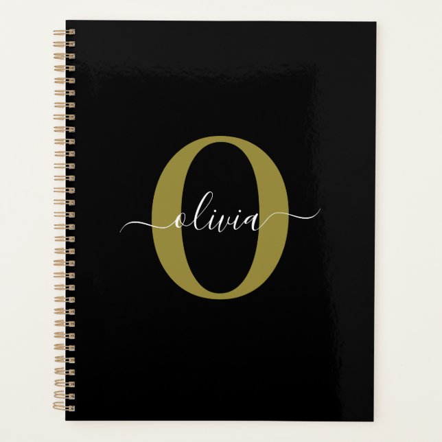 Personalized Monogram Script Name Black White Gold Planner (Front)