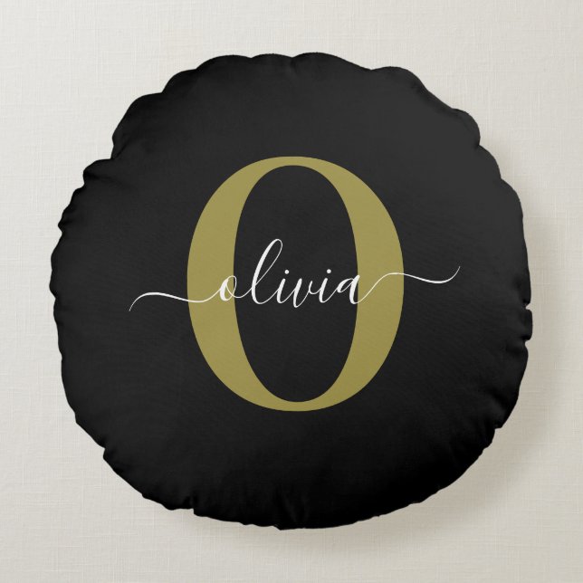 Personalized Monogram Script Name Black White Gold Round Pillow (Front)