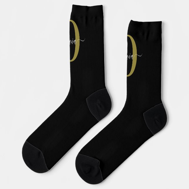 Personalized Monogram Script Name Black White Gold Socks (Left)