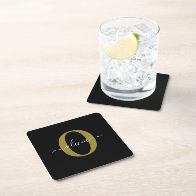 Personalized Monogram Script Name Black White Gold Square Paper Coaster (Insitu)