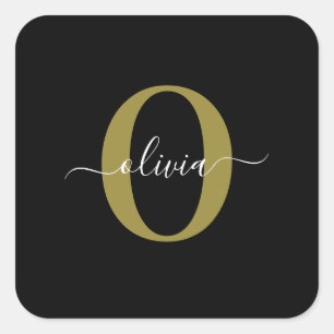 Personalized Monogram Script Name Black White Gold Square Sticker