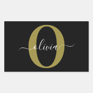 Personalized Monogram Script Name Black White Gold Sticker