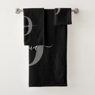 Personalized Monogram Script Name Black White Grey Bath Towel Set